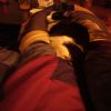 To give you perspective, those are my legs on either side of Tsunami, my feet crossed at his head, my lap where his tail is.  He likes to sink into the hammock of fabric between my lower legs.  This photo was taken early in his nap. Later on, as he continues to sink, he becomes almost completely enclosed in fabric.  Like a kitty burrito.